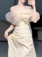 Sweet Cream Yellow A-Line Off-The-Shoulder Bow-Embellished High-Slit Satin Long Prom Dresses Evening Dresses
