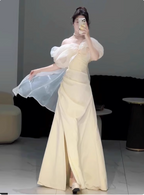 Sweet Cream Yellow A-Line Off-The-Shoulder Bow-Embellished High-Slit Satin Long Prom Dresses Evening Dresses