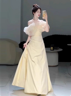 Sweet Cream Yellow A-Line Off-The-Shoulder Bow-Embellished High-Slit Satin Long Prom Dresses Evening Dresses