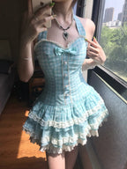 Sweet Halter Neck Blue Plaid Lace Trim Mini Homecoming Dresses