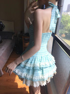 Sweet Halter Neck Blue Plaid Lace Trim Mini Homecoming Dresses