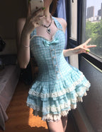 Sweet Halter Neck Blue Plaid Lace Trim Mini Homecoming Dresses