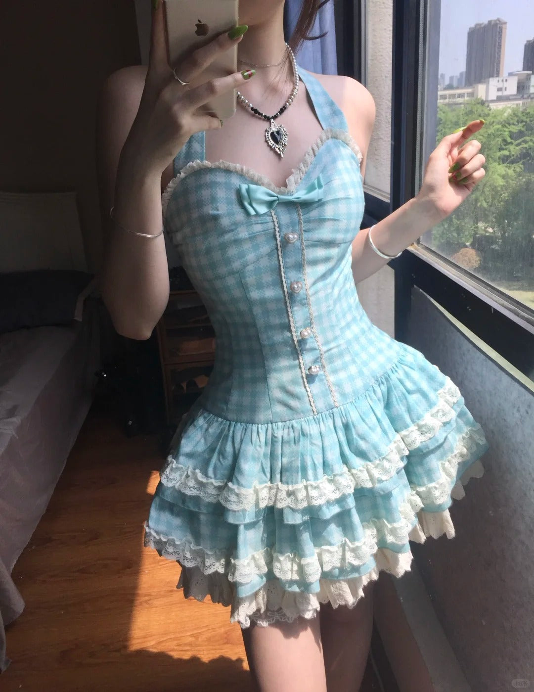 Sweet Halter Neck Blue Plaid Lace Trim Mini Homecoming Dresses