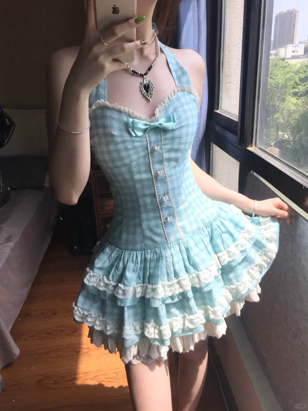 Sweet Halter Neck Blue Plaid Lace Trim Mini Homecoming Dresses Main image
