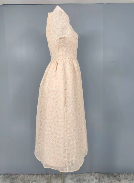 Sweet Light Apricot A-Line Floral Print Puff Sleeve Chiffon Prom Dresses