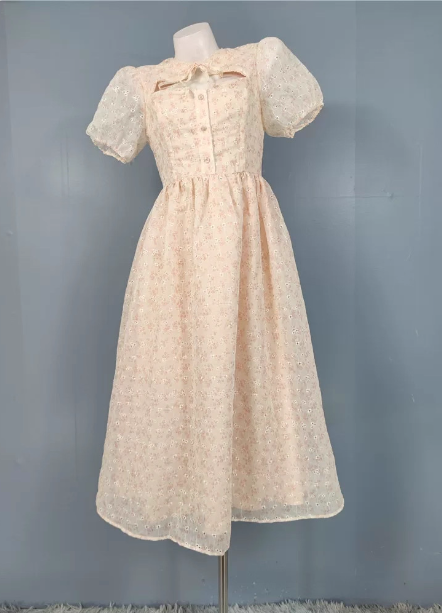 Sweet Light Apricot A-Line Floral Print Puff Sleeve Chiffon Prom Dresses Main image