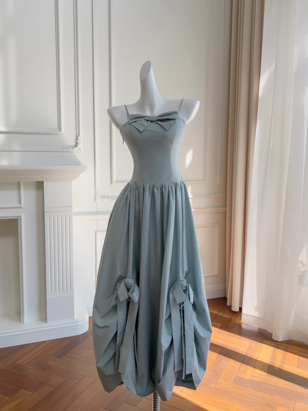 Sweet Light Blue Bud Strappy Bow Prom Dresses