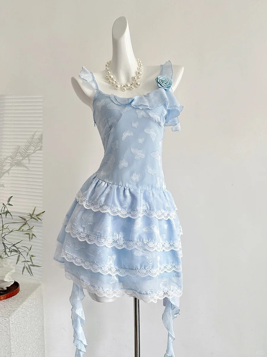 Sweet Light Blue Cake Skirt Multi-Layer Lace Chiffon Short 16Th Birthday Homecoming Dresses