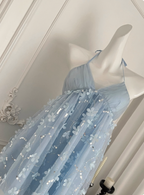 Sweet Light Blue Heavy Sequin Embroidery Three-Dimensional Flower Halter Neck Mesh Birthday Short Skirt Homecoming Dresses