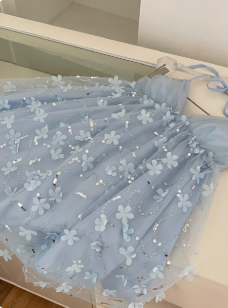 Sweet Light Blue Heavy Sequin Embroidery Three-Dimensional Flower Halter Neck Mesh Birthday Short Skirt Homecoming Dresses