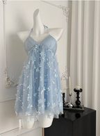 Sweet Light Blue Heavy Sequin Embroidery Three-Dimensional Flower Halter Neck Mesh Birthday Short Skirt Homecoming Dresses