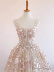 Sweet Light Champagne A-Line Tulle Sequin Applique Long Prom Dress Prom Dress Birthday Dress