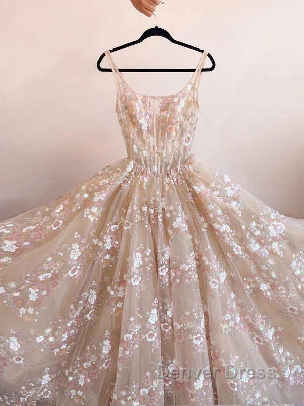 Sweet Light Champagne A-Line Tulle Sequin Applique Long Prom Dresses Prom Dresses Birthday Dresses
