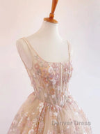 Sweet Light Champagne A-Line Tulle Sequin Applique Long Prom Dresses Prom Dresses Birthday Dresses