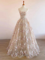 Sweet Light Champagne A-Line Tulle Sequin Applique Long Prom Dresses Prom Dresses Birthday Dresses