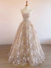 Sweet Light Champagne A-Line Tulle Sequin Applique Long Prom Dress Prom Dress Birthday Dress