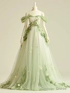 Sweet Light Green A-Line Off Shoulder Neck Tulle Long Prom Dress Birthday Prom Dress