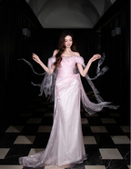 Sweet Light Pink Mermaid Off-Shoulder Organza Prom Dresses Evening Dresses