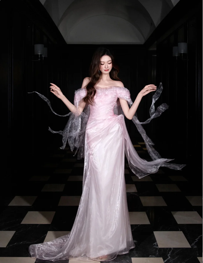 Sweet Light Pink Mermaid Off-Shoulder Organza Prom Dresses Evening Dresses