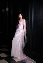Sweet Light Pink Mermaid Off-Shoulder Organza Prom Dresses Evening Dresses