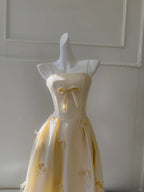 Sweet Light Yellow A-Line Spaghetti Strap Bow Satin Long Prom Dresses Evening Dresses Bridesmaid Dresses