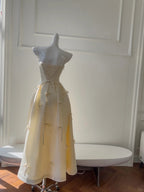 Sweet Light Yellow A-Line Spaghetti Strap Bow Satin Long Prom Dresses Evening Dresses Bridesmaid Dresses