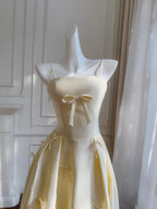 Sweet Light Yellow A-Line Spaghetti Strap Bow Satin Long Prom Dresses Evening Dresses Bridesmaid Dresses