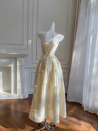 Sweet Light Yellow A-Line Spaghetti Strap Bow Satin Long Prom Dresses Evening Dresses Bridesmaid Dresses