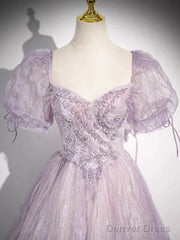 Sweet Lilac A-Line Sweetheart Tulle Beaded Long Prom Dress Puffy Sleeves Graduation Dress