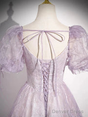 Sweet Lilac A-Line Sweetheart Tulle Beaded Long Prom Dress Puffy Sleeves Graduation Dress