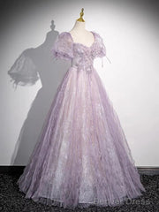 Sweet Lilac A-Line Sweetheart Tulle Beaded Long Prom Dress Puffy Sleeves Graduation Dress
