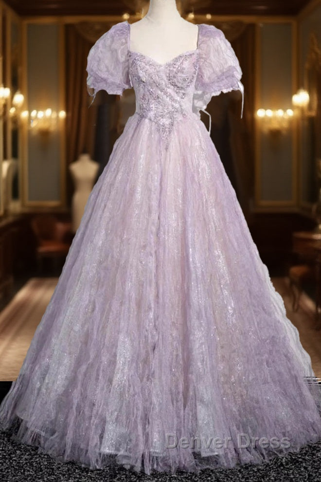 Sweet Lilac A-Line Sweetheart Tulle Beaded Long Prom Dresses Puffy Sleeves Graduation Dresses Main image