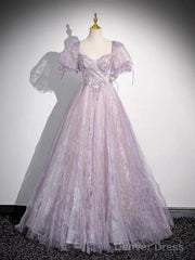 Sweet Lilac A-Line Sweetheart Tulle Beaded Long Prom Dress Puffy Sleeves Graduation Dress