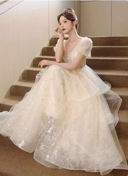 Sweet Milk Apricot A-Line Puff Short Sleeve Tulle Long Prom Dresses Evening Dresses