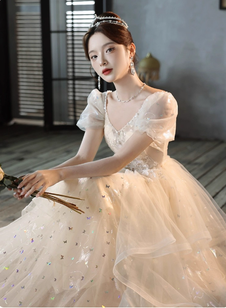 Sweet Milk Apricot A-Line Puff Short Sleeve Tulle Long Prom Dresses Evening Dresses
