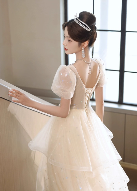 Sweet Milk Apricot A-Line Puff Short Sleeve Tulle Long Prom Dresses Evening Dresses
