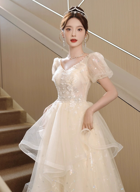 Sweet Milk Apricot A-Line Puff Short Sleeve Tulle Long Prom Dresses Evening Dresses Main image