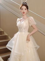 Sweet Milk Apricot A-Line Puff Short Sleeve Tulle Long Prom Dresses Evening Dresses
