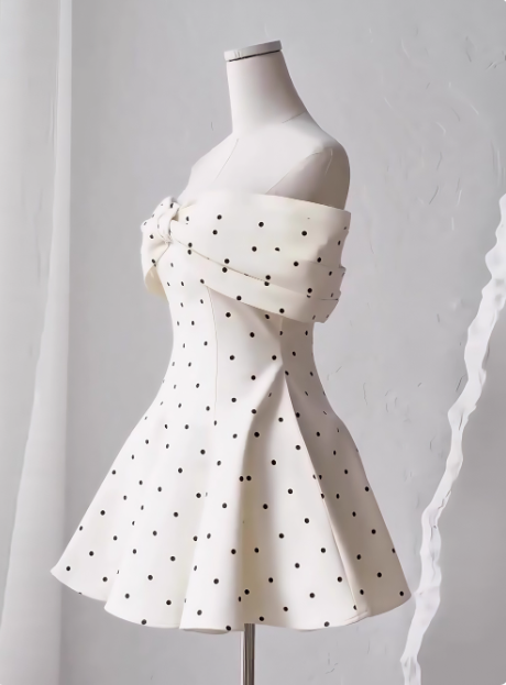 Sweet One-Shoulder Bow Satin Polka Dot Puffy Birthday Skirt Homecoming Dresses