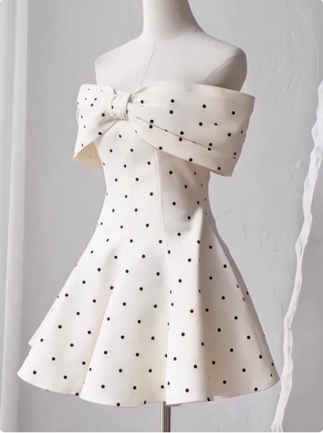 Sweet One-Shoulder Bow Satin Polka Dot Puffy Birthday Skirt Homecoming Dresses