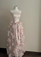 Sweet Pale Pink A-Line 3D Floral Satin And Tulle Long Prom Dresses Evening Dresses Wedding Dresses