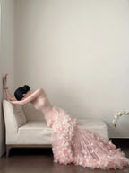 Sweet Pale Pink Mermaid Tail Three-Dimensional Petal Long Prom Dresses Evening Dresses Wedding Dresses