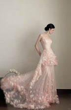 Sweet Pale Pink Mermaid Tail Three-Dimensional Petal Long Prom Dresses Evening Dresses Wedding Dresses