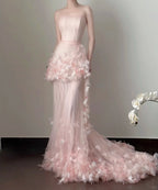 Sweet Pale Pink Mermaid Tail Three-Dimensional Petal Long Prom Dresses Evening Dresses Wedding Dresses