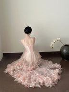 Sweet Pale Pink Mermaid Tail Three-Dimensional Petal Long Prom Dresses Evening Dresses Wedding Dresses