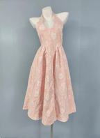Sweet Pink A-Line Halter V-Neck Jacquard Prom Dresses