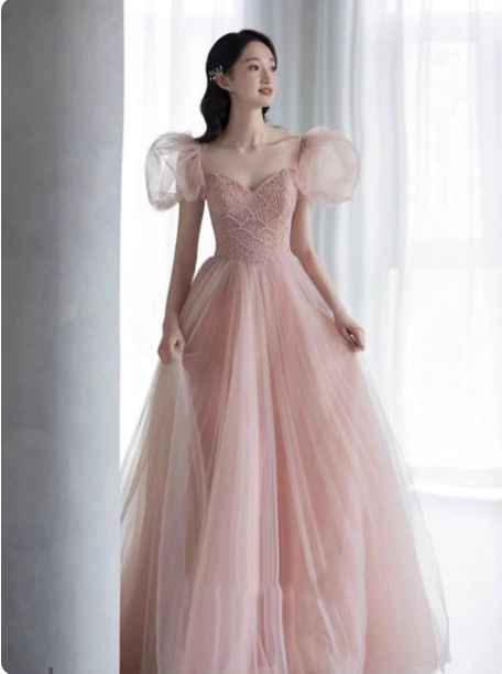 Sweet Pink A-Line Puff Sleeve Beaded Tulle Long Prom Dresses Evening Dresses Secondary image