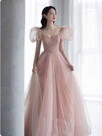 Sweet Pink A-Line Puff Sleeve Beaded Tulle Long Prom Dresses Evening Dresses