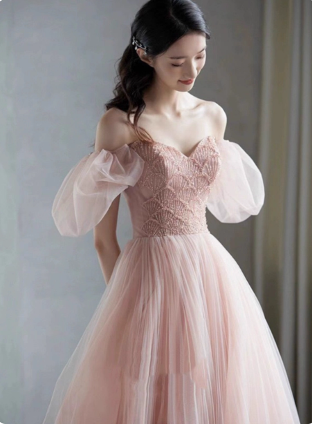 Sweet Pink A-Line Puff Sleeve Beaded Tulle Long Prom Dresses Evening Dresses