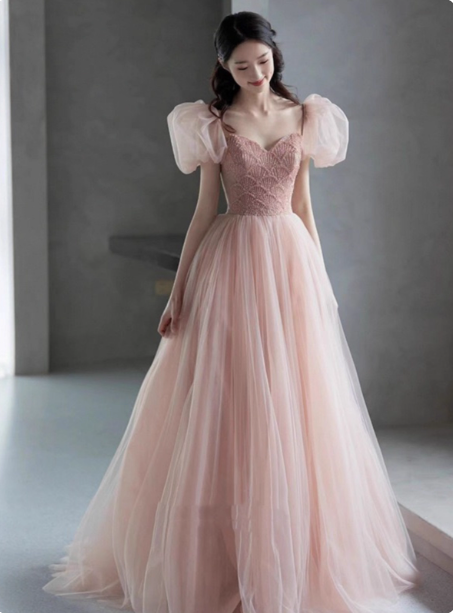 Sweet Pink A-Line Puff Sleeve Beaded Tulle Long Prom Dresses Evening Dresses Main image